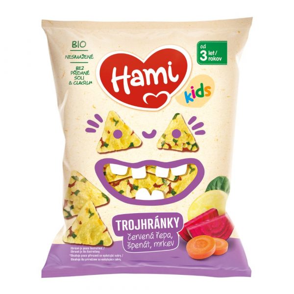 Hami Trojhránky červená repa, špenát, mrkva 30g 1